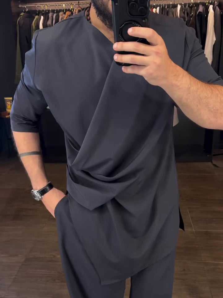 Men's Casual Long Sleeve Draped Top High Waist Pants Set