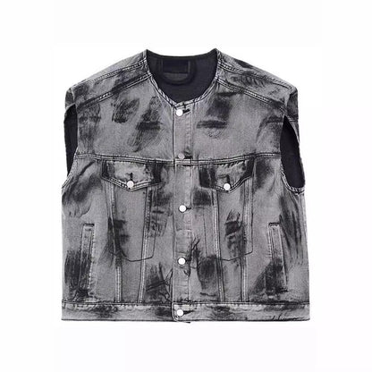 American Street Graffiti Padded Shoulder Sleeveless Denim Coat