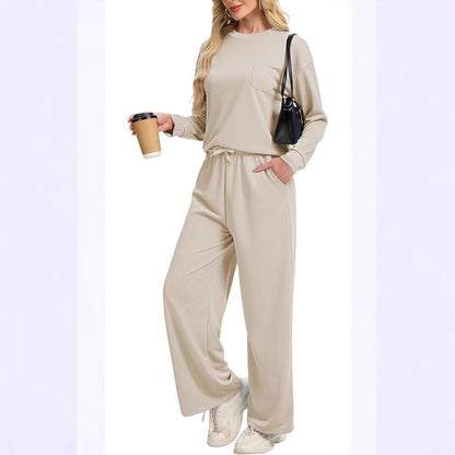 Knitted Long-sleeved Top Casual Wide-leg Trousers Suit