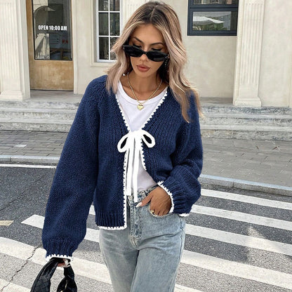 Lace-up Sweater Solid Color Loose Long Sleeves Jacket