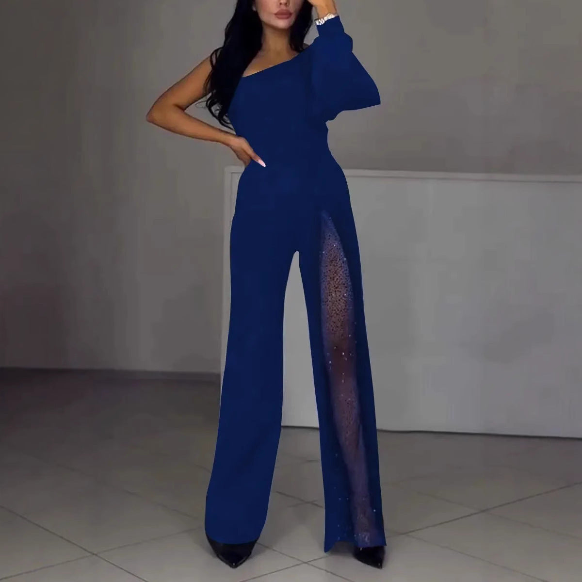 Fall Winter Fashion Sexy Oblique Shoulder High Slit Women's Jumpsuit