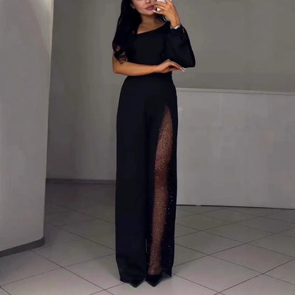 Fall Winter Fashion Sexy Oblique Shoulder High Slit Women's Jumpsuit
