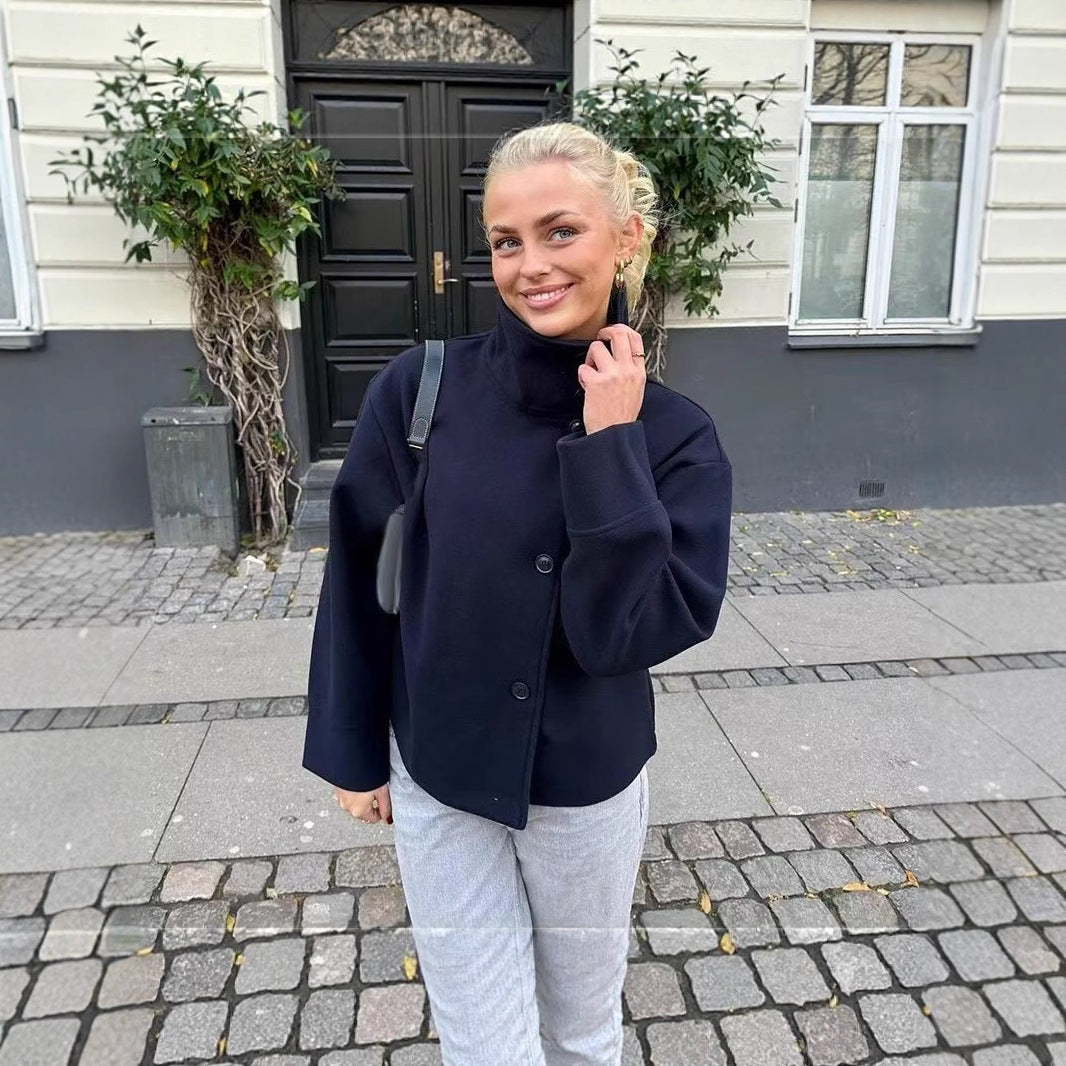 Women's Jacket Stand Collar Single Breasted Loose Woolen Coat