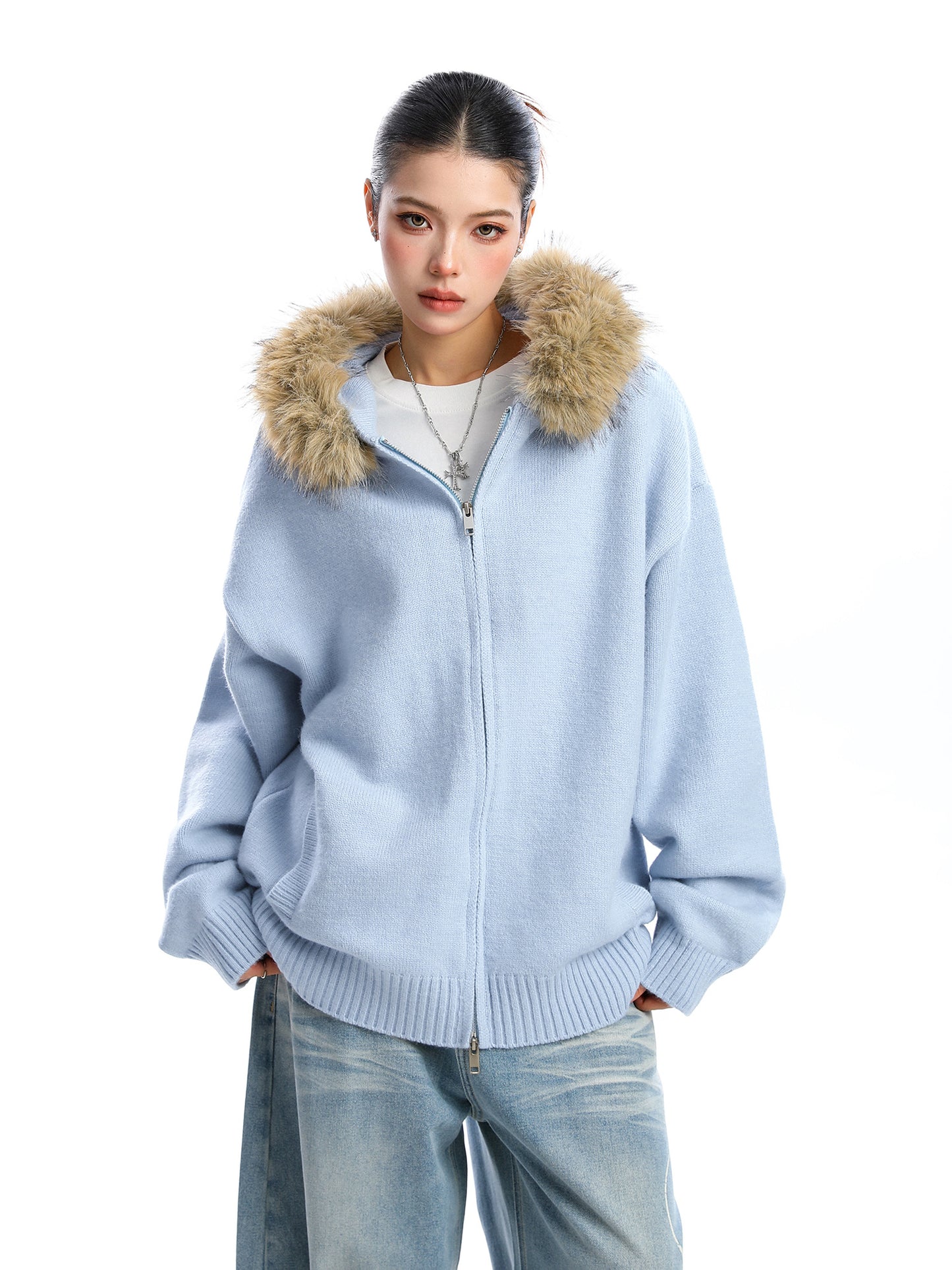 Detachable Fur Collar Hood Sweater Women's Coat