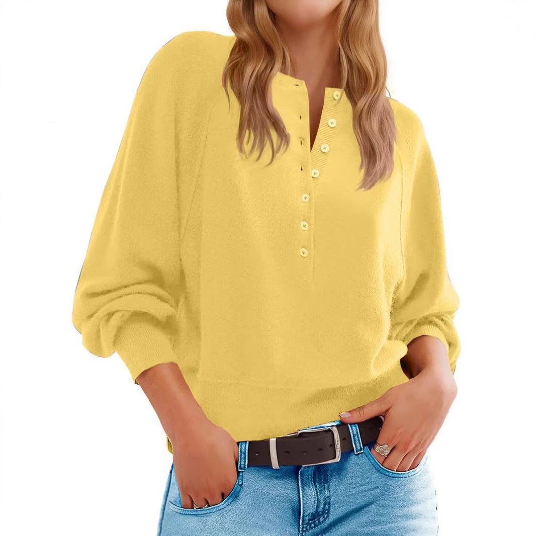 Women's Solid Color Knitted Button Loose Lantern Sleeve V-neck Sweater
