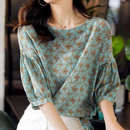 Women's Cropped Lantern Sleeve Floral Top
