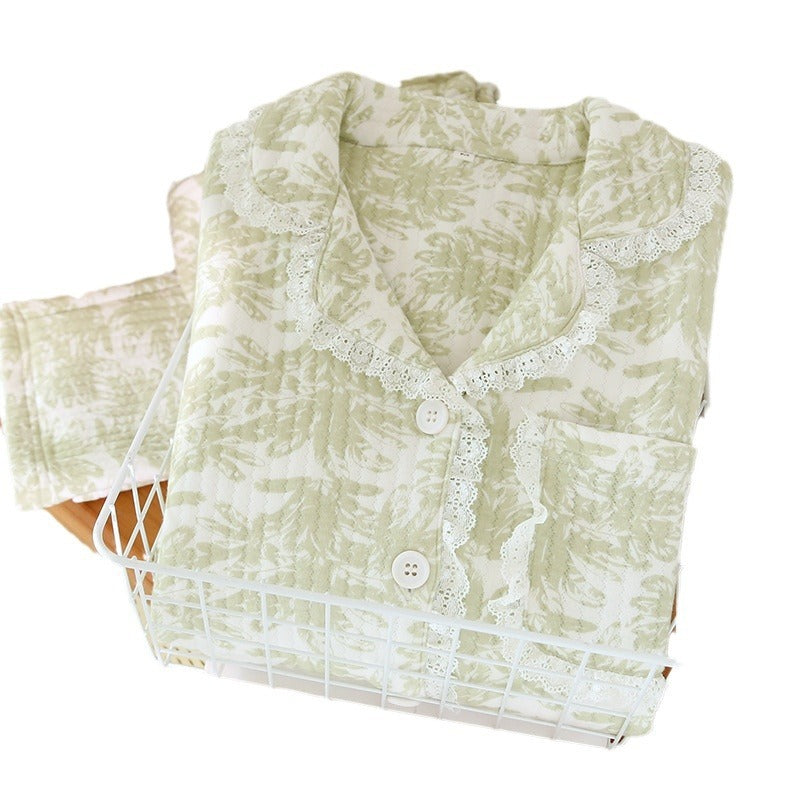Lace Lapel Cotton Air Layer Pajamas Suit