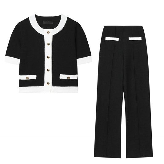 Contrast Color Beaded Leather Round Neck Top Stretch High-waisted Trousers Suit