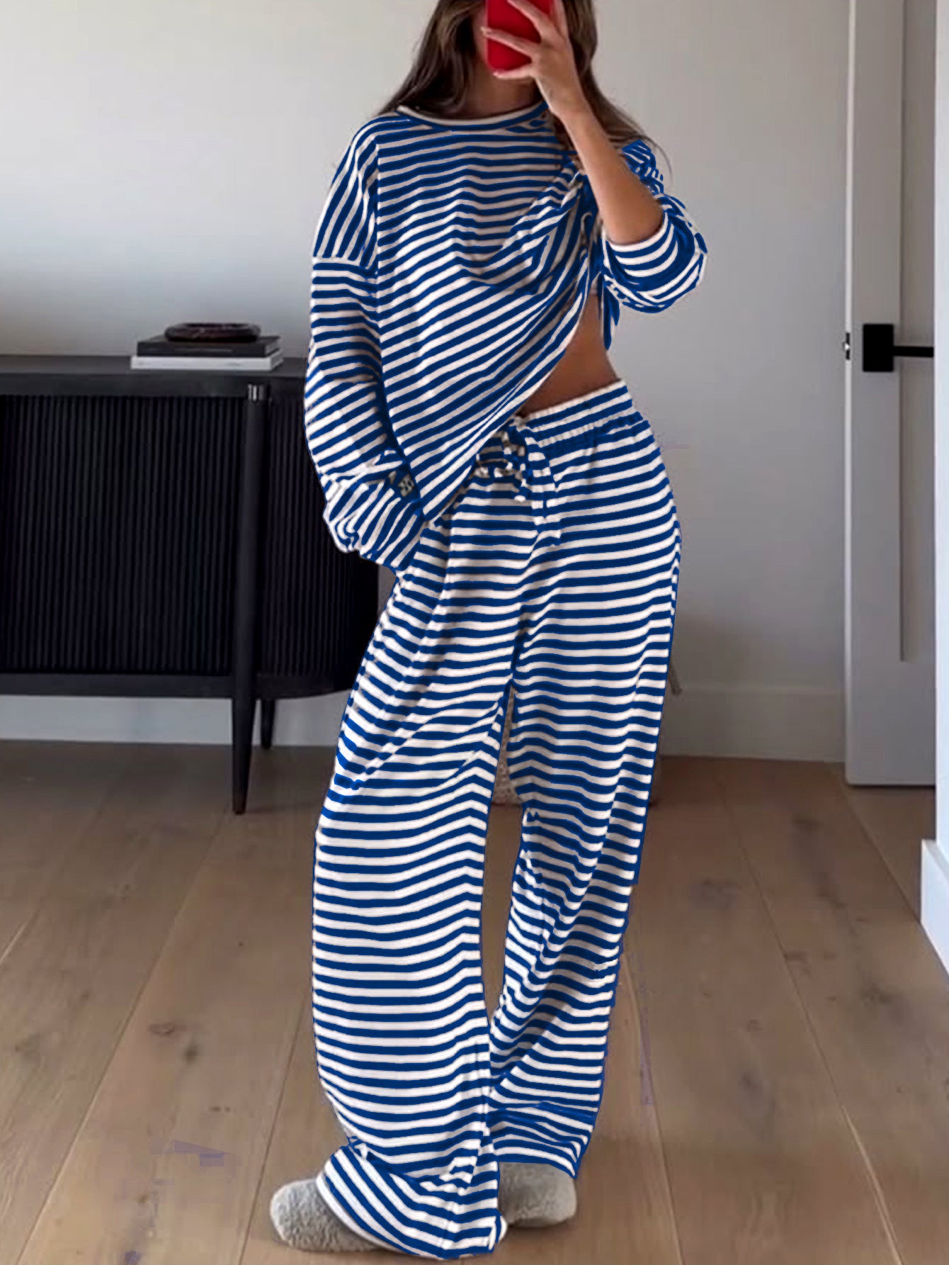 Loose-fitting Striped Long Sleeves Trousers Homewear