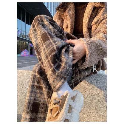 Women's Fleece-lined Casual Woolen Plaid Pants