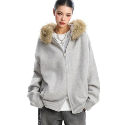 Detachable Fur Collar Hood Sweater Women's Coat