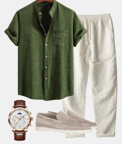 Men's Stand Collar 3D Digital Printing Fashion Slim-fit Short-sleeved Shirt