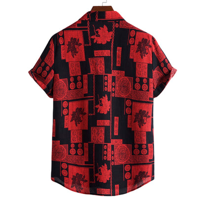 New Men's Fashion Trend Cotton Linen Printed Short Sleeve Shirt