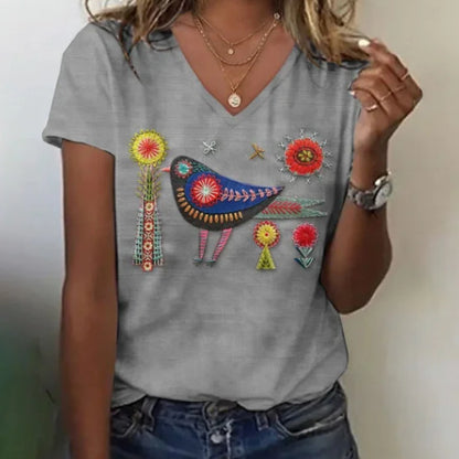Women's Floral And Bird Embroidered V-neck Short-sleeved T-shirt