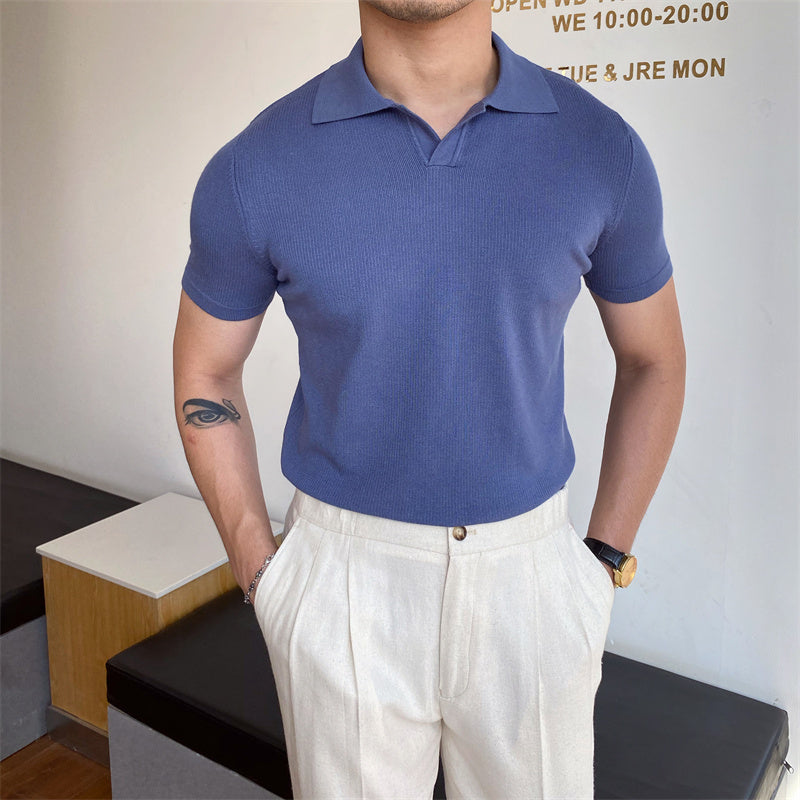 Men's V-Neck Buttonless Short Sleeve Lapel Shirt