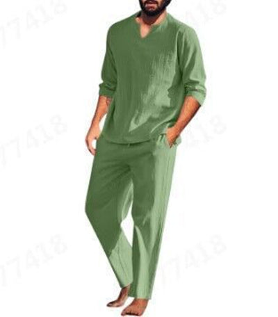 New Men's Casual Solid Color Pocket Elastic Cotton And Linen Suit