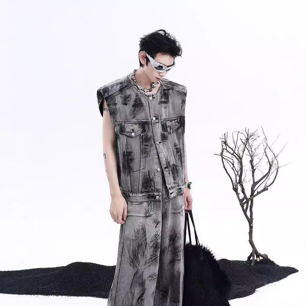 American Street Graffiti Padded Shoulder Sleeveless Denim Coat