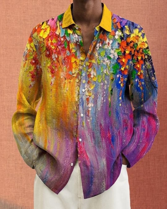 Fall Lapels 3D Printed Casual Slim-fitting Type Youth Long Sleeve Shirt