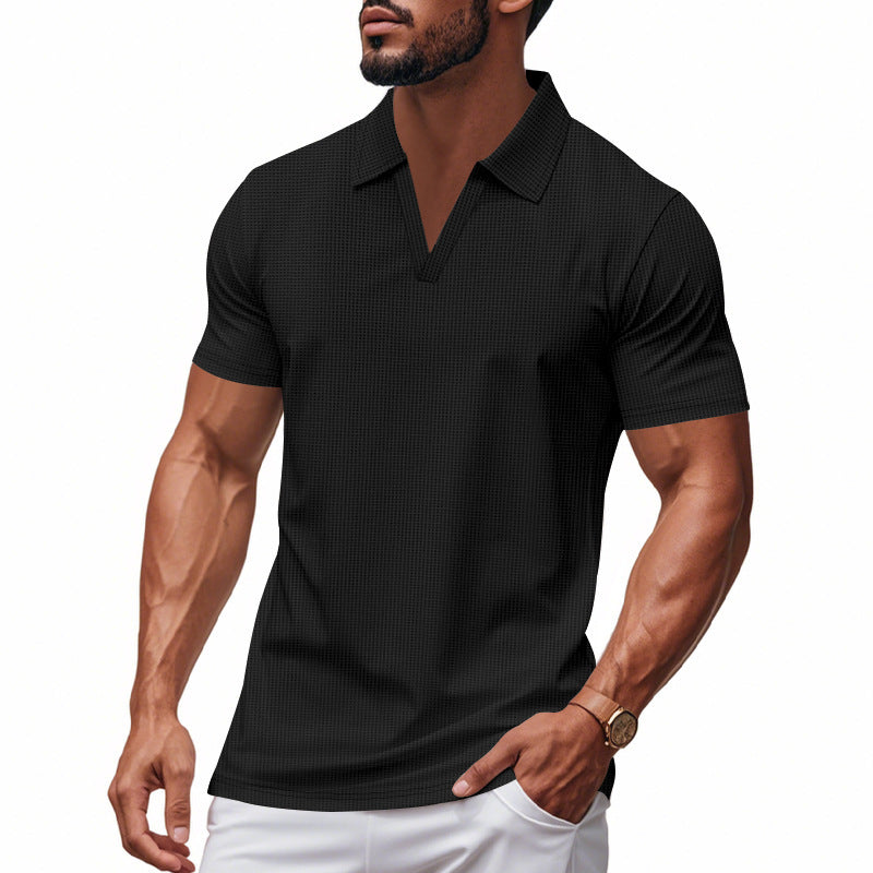 Summer Men's Loose Leisure Sports V-neck Waffle Short Sleeve Lapel Polo Shirt Men