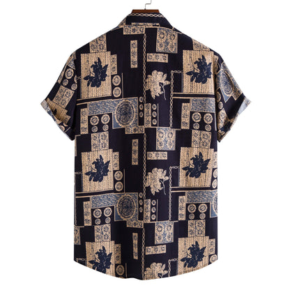 New Men's Fashion Trend Cotton Linen Printed Short Sleeve Shirt