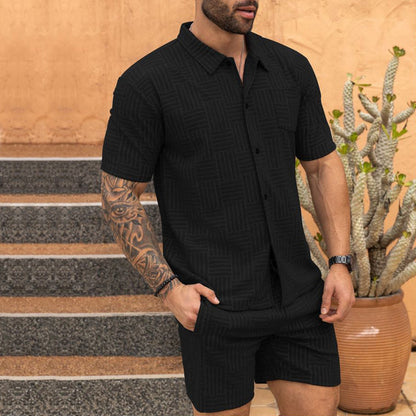 Men's Jacquard Button Shirt Lapel Casual T-shirt Suit