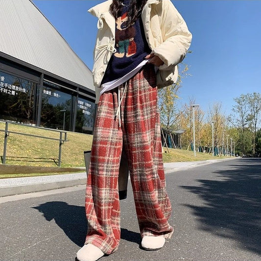 Women's Fleece-lined Casual Woolen Plaid Pants