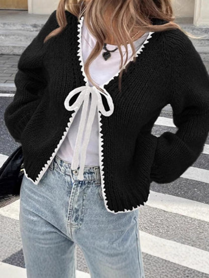 Lace-up Sweater Solid Color Loose Long Sleeves Jacket