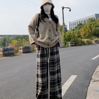Women's Fleece-lined Casual Woolen Plaid Pants