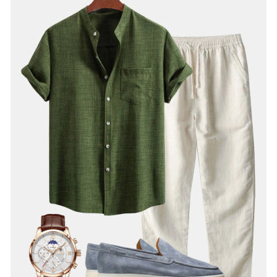 Men's Stand Collar 3D Digital Printing Fashion Slim-fit Short-sleeved Shirt