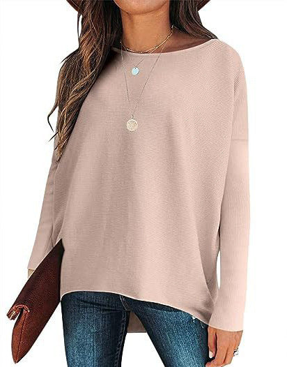 High And Low Batwing Sleeve Knitted Loose Pullover Waist Top