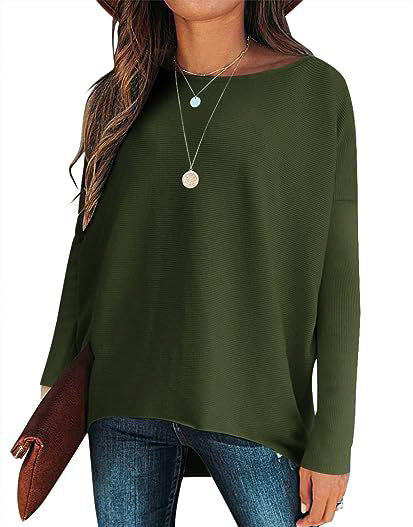 High And Low Batwing Sleeve Knitted Loose Pullover Waist Top
