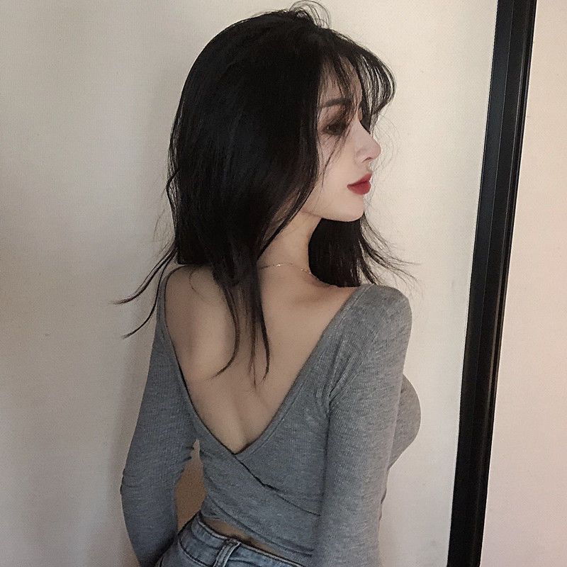 Back-exposed Long-sleeved T-shirt Women's Autumn Sexy Skinny V-neck Cropped Top