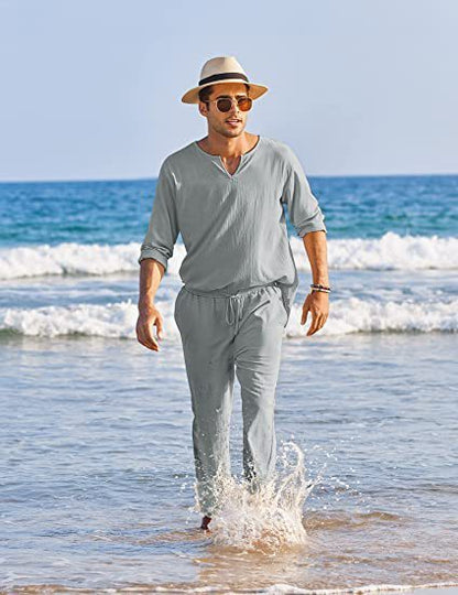 New Men's Casual Solid Color Pocket Elastic Cotton And Linen Suit