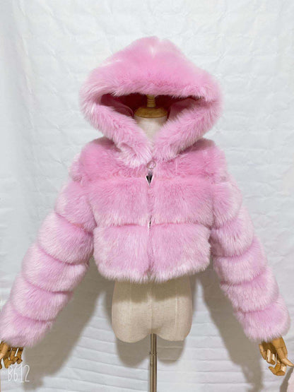 Short Hooded Faux Fur Long Sleeve Coat