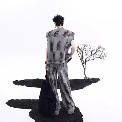 American Street Graffiti Padded Shoulder Sleeveless Denim Coat